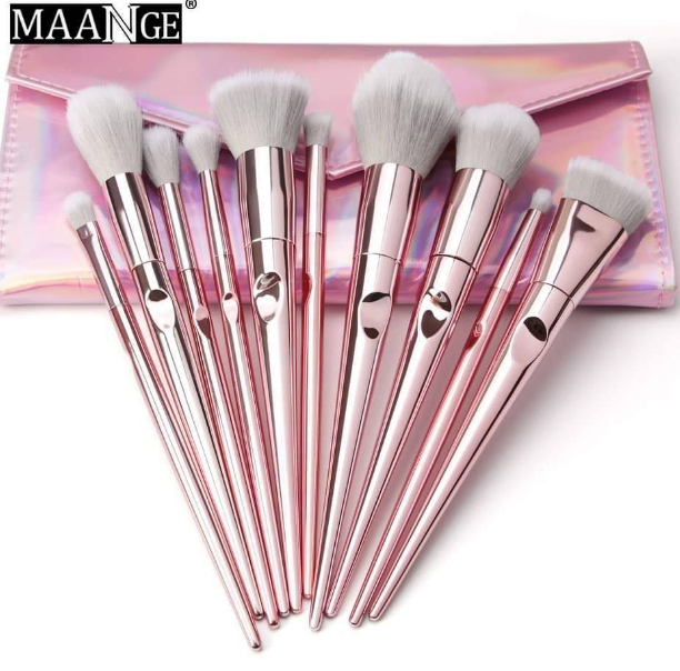 MAANGE 10 Piece Makeup Brush Set Metal Pink With Pouch - Image 3