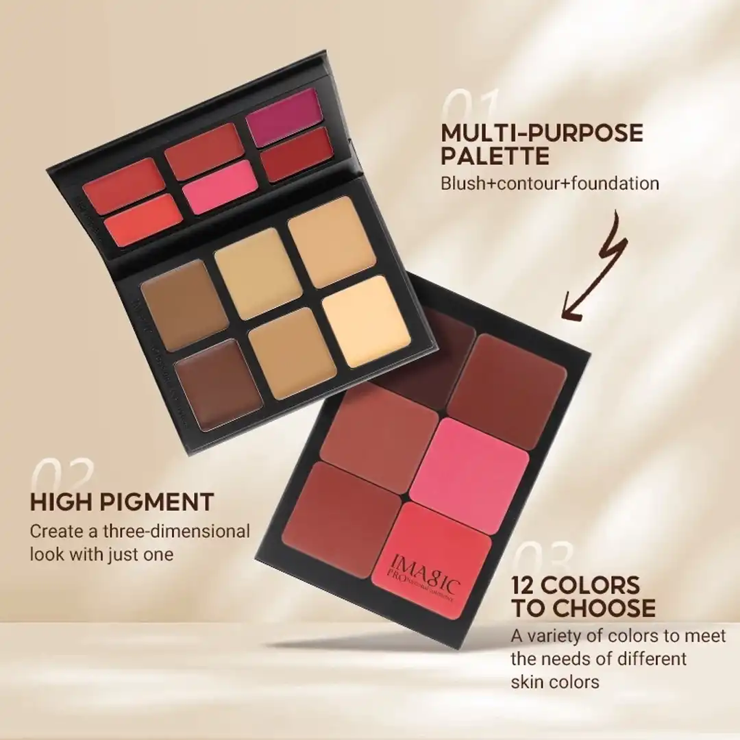 IMAGIC Professional Blush, Contour & Concealer Palette | 12 Cream Shades | Long-Lasting, Blendable & Waterproof – All Skin Types - Image 3